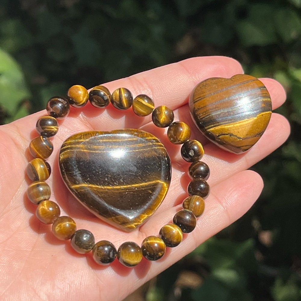 8mm Tiger eye bracelet heart palm stone set‎